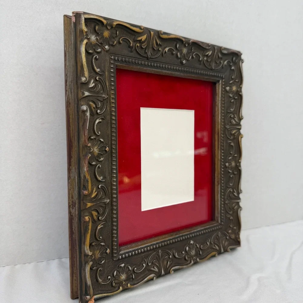 Vintage Ornate Baroque Bronze Gold Picture Frame Red Velvet Mat 8x9.25